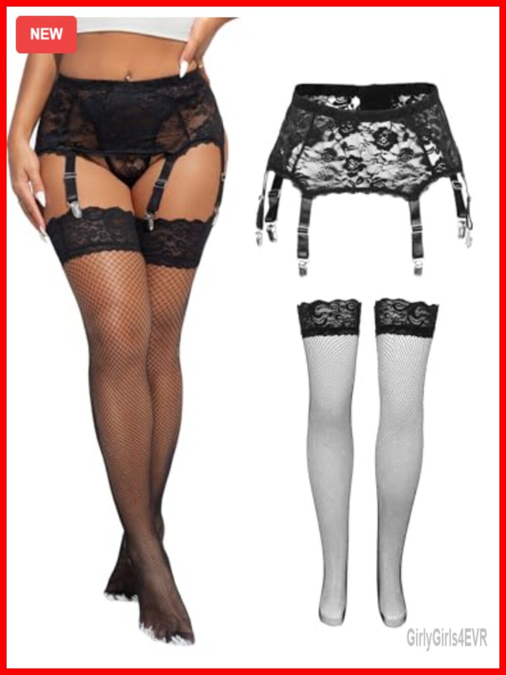 Lace Garter Belt 6 Strap Clip for Thigh Highs Stockings